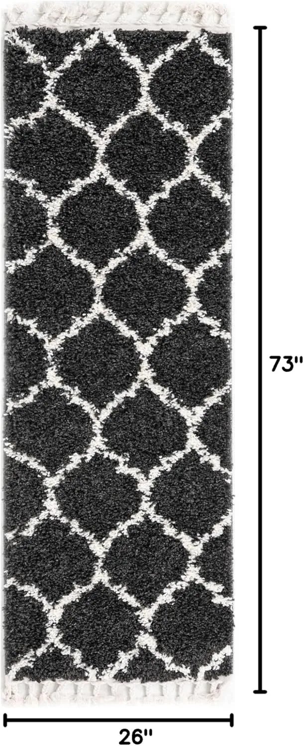 Unique Loom Hygge Shag Collection Area Rug - Trellis (2' 2" x 6' 1" Runner, Black and White)