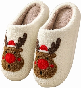 Unisex Xmas Elk Shoes Santa Reindeer Cute Strawberry Cartoon Christmas Tree Pink Bow Memory Foam Soft Plush House Slippers Indoor/Outdoor
