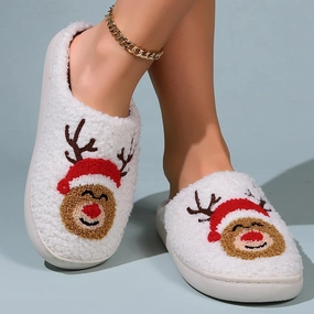 Unisex Xmas Elk Shoes Santa Reindeer Cute Strawberry Cartoon Christmas Tree Pink Bow Memory Foam Soft Plush House Slippers Indoor/Outdoor