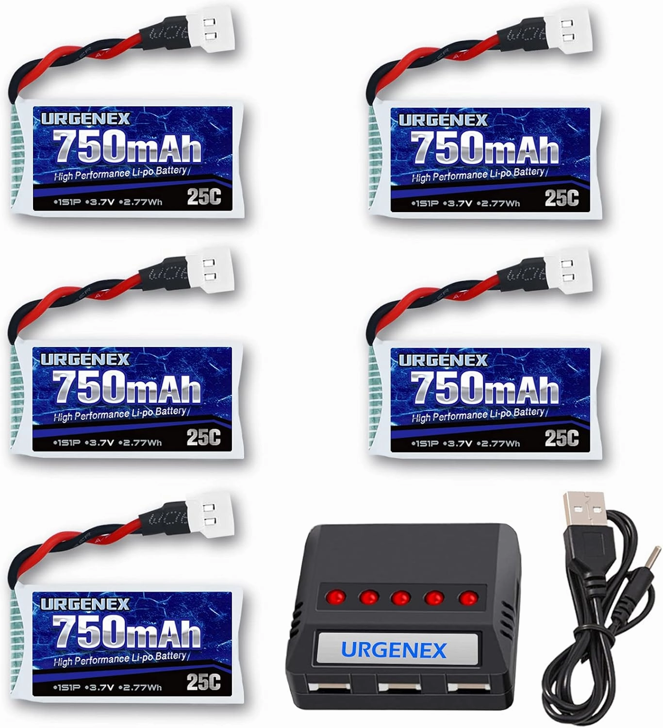URGENEX 3.7V Lipo Battery 750mAh 25C Rechargeable 5 Pack Lipo Batteries with Molex Plug 5 in 1 Charger for Syma X5 X5SW X5C X5C1 RC Quadcopter Drone Spare Parts