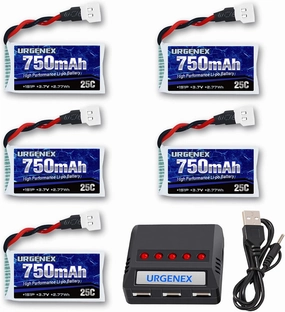 URGENEX 3.7V Lipo Battery 750mAh 25C Rechargeable 5 Pack Lipo Batteries with Molex Plug 5 in 1 Charger for Syma X5 X5SW X5C X5C1 RC Quadcopter Drone Spare Parts