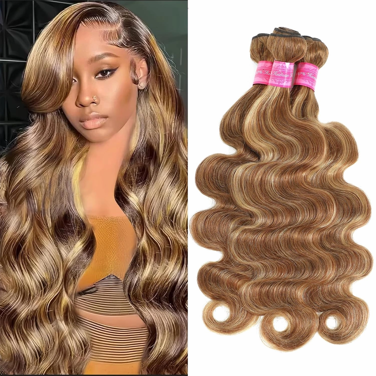 Vallbest Ombre Human Hair Bundles 14 14 14 Inch Highlight Bundles Human Hair 4/27 Blonde Body Wave Brown 12A 100% Unprocessed Brazilian Virgin Remy Weave Raw Human Hair Extensions