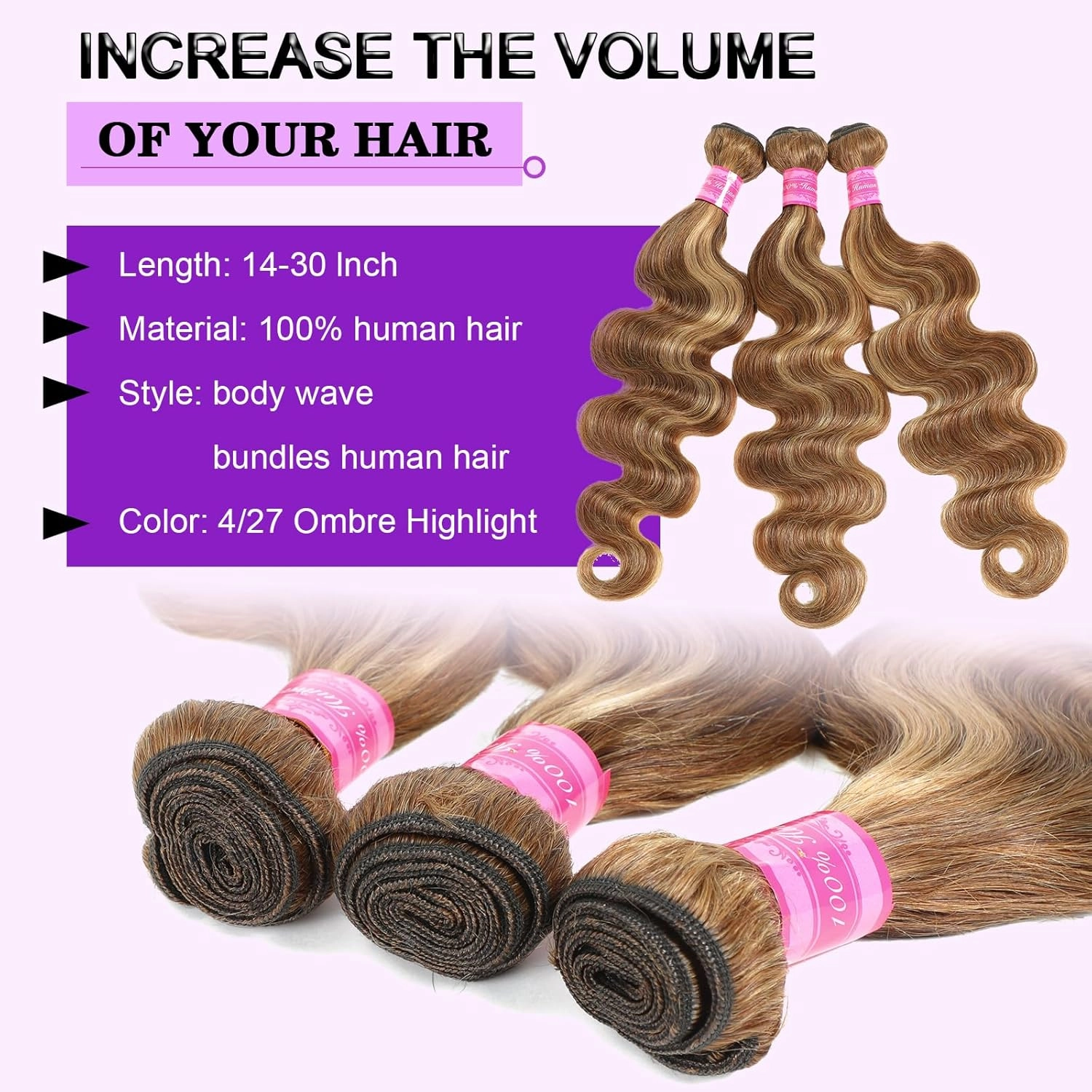 Vallbest Ombre Human Hair Bundles 26 28 30 Inch Highlight Bundles Human Hair 4/27 Blonde Body Wave Brown 12A 100% Unprocessed Brazilian Virgin Remy Weave Raw Human Hair Extensions