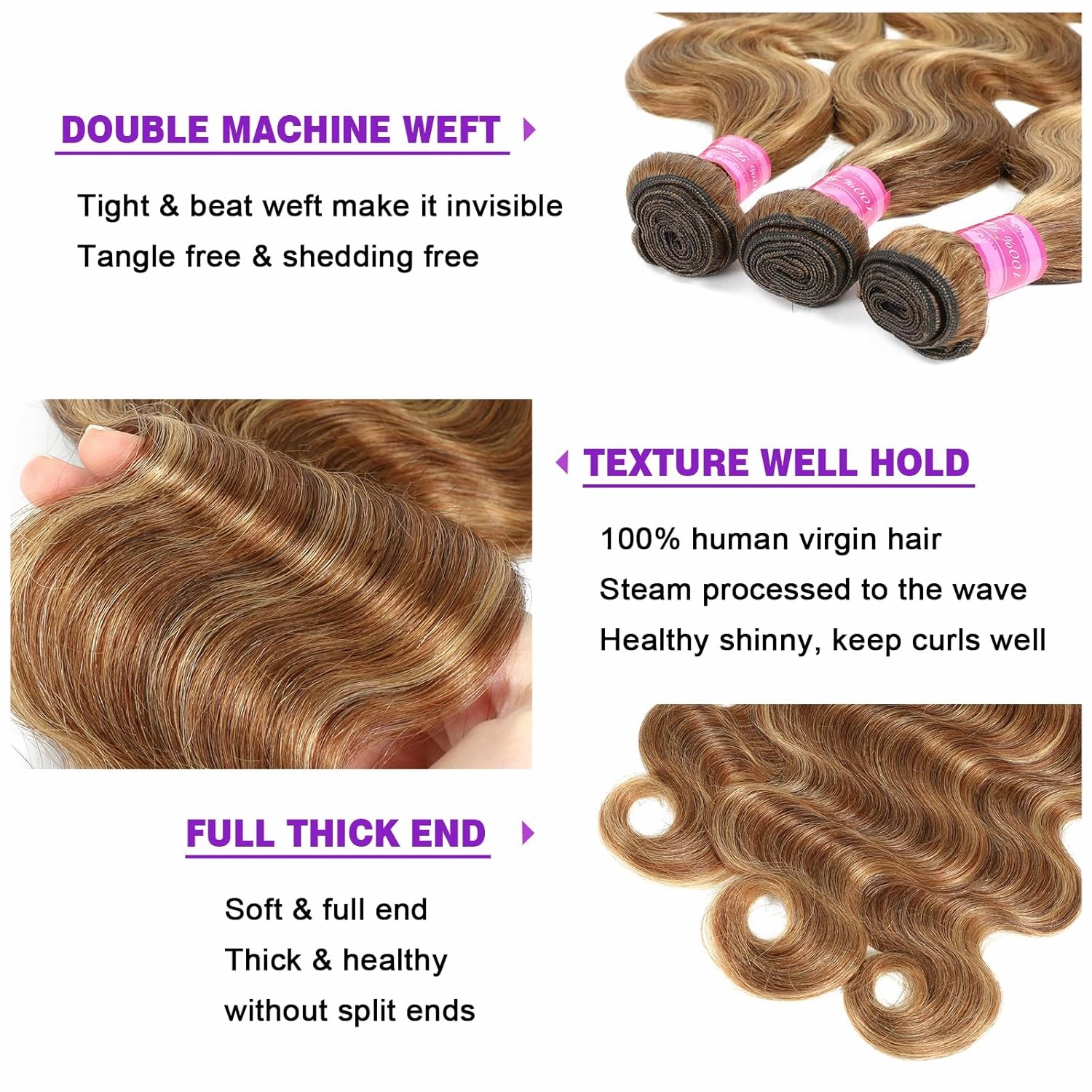 Vallbest Ombre Human Hair Bundles 26 28 30 Inch Highlight Bundles Human Hair 4/27 Blonde Body Wave Brown 12A 100% Unprocessed Brazilian Virgin Remy Weave Raw Human Hair Extensions