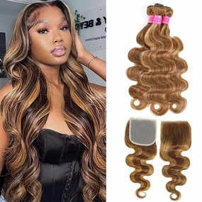 Vallbest Ombre Human Hair Bundles with Closure 14 16 18  12 Inch Highlight Blonde Bundles Human Hair 4/27 Brown Body Wave with 4x4 Closure 12A Brazilian Virgin Remy Weave Raw Hair Extensions