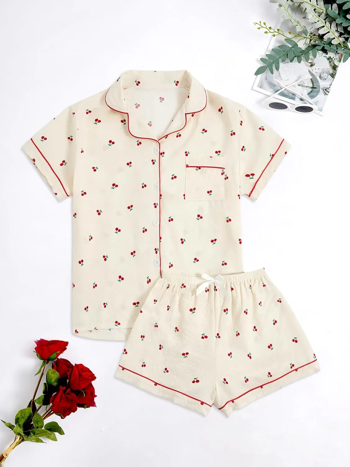 Verdusa Women's 2 Piece Pajama Set Matching Pjs Sets Cute Printed Sleepwear Button Up Shirt with Lounge Shorts Set
