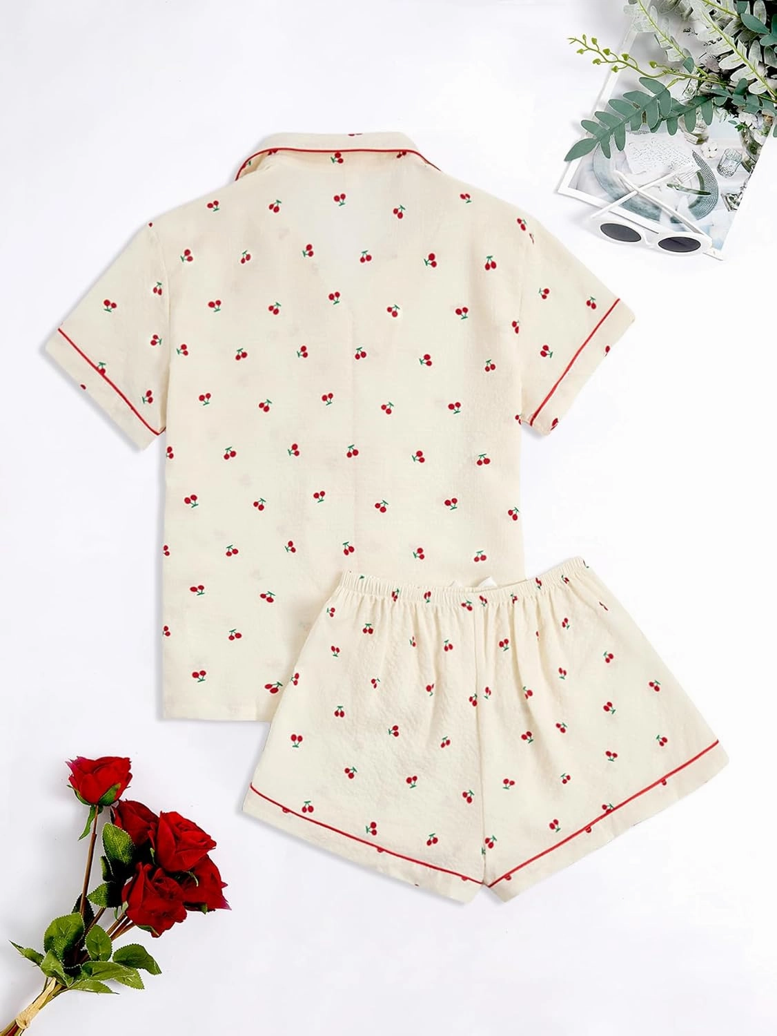 Verdusa Women's 2 Piece Pajama Set Matching Pjs Sets Cute Printed Sleepwear Button Up Shirt with Lounge Shorts Set