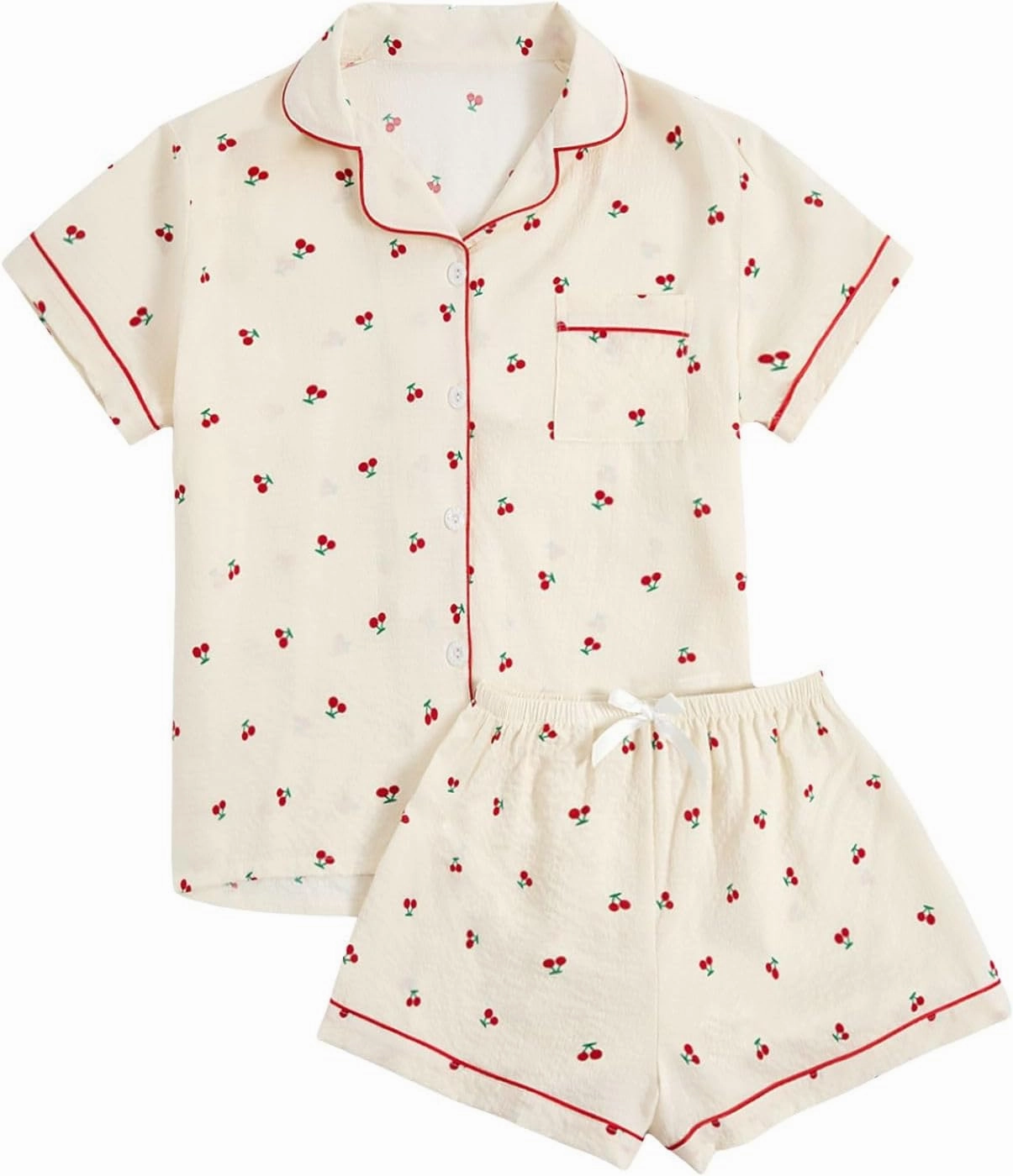 Verdusa Women's 2 Piece Pajama Set Matching Pjs Sets Cute Printed Sleepwear Button Up Shirt with Lounge Shorts Set