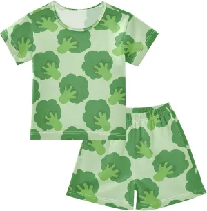 VIGTRO Pajamas Set Short Sleeve Summer Sleepwear Short Sets Broccoli Cabbage Pattern Printed, Soft 2 Piece Short Pjs Set Size 6Y