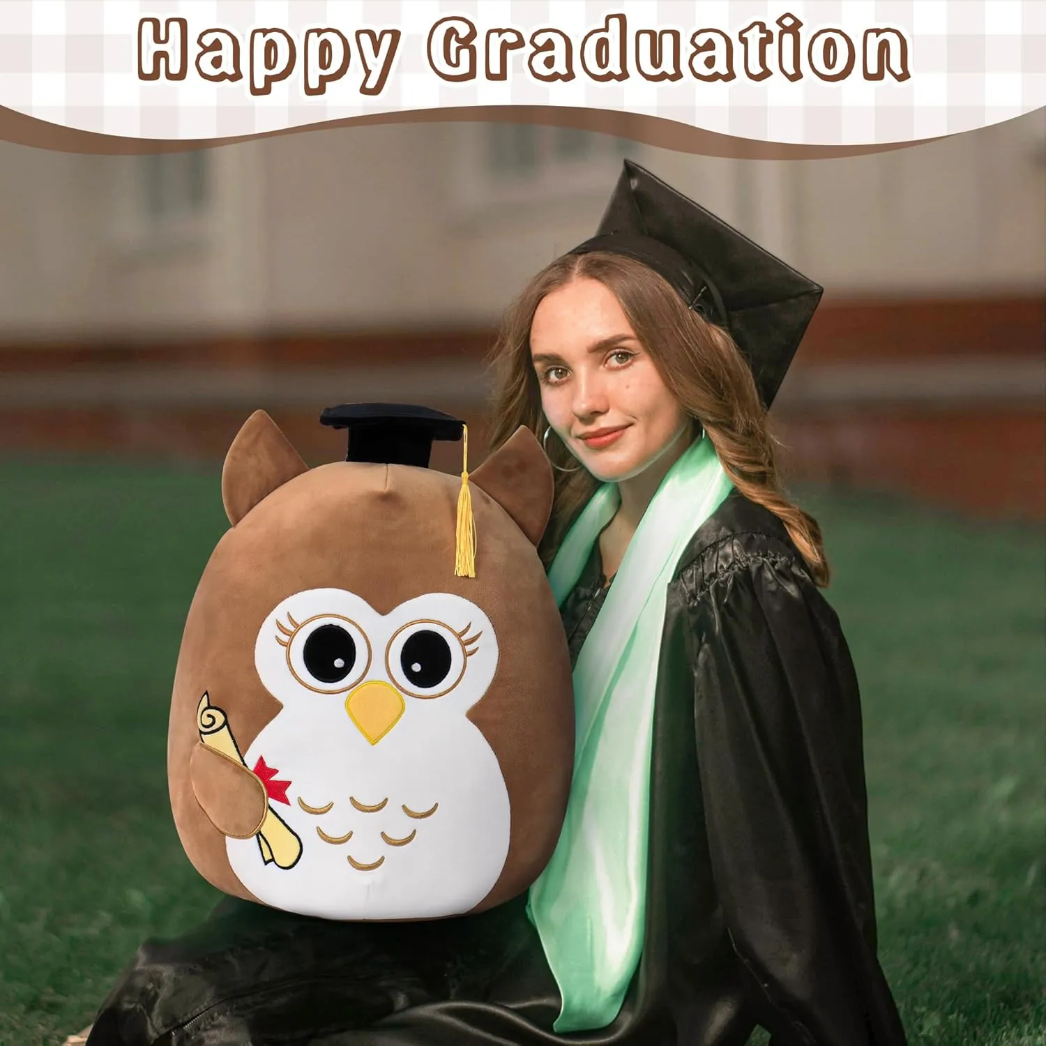 Vintage Brown Owl Graduation Plush 18in - Wisdom Stuffed Animal with Cap Class of 2025 - Classic Graduation Gift for Kindergarten to High School - Brown Owl
