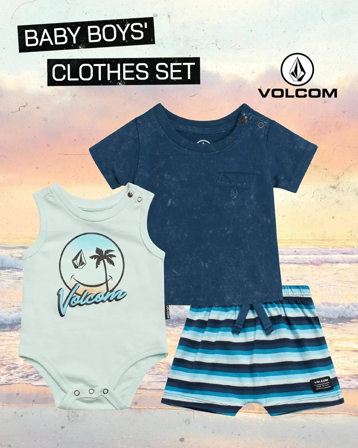 Volcom Baby Boys' Clothes Set - 3 Piece Onesie, T-Shirt, and Shorts Cute Outfits for Newborn (Sizes: 0-24 Months)