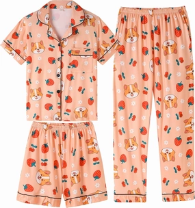 Vopmocld Girls Pajama Sets - 3pcs Button Down Short Sleeve Long Pants With Shorts Sleepwear Cute Patterns Nighty For Teens