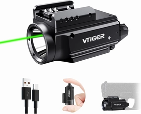 VTIGER PL2 Mini Powerful Compact Pistol Light with Green Beam Sight Combo, 1000 Lumens 722 FT Rechargeable LED Weapon Lights, Small Adjustable Rail Mounted Tactical Flashlight for GL/1913 Picatinny