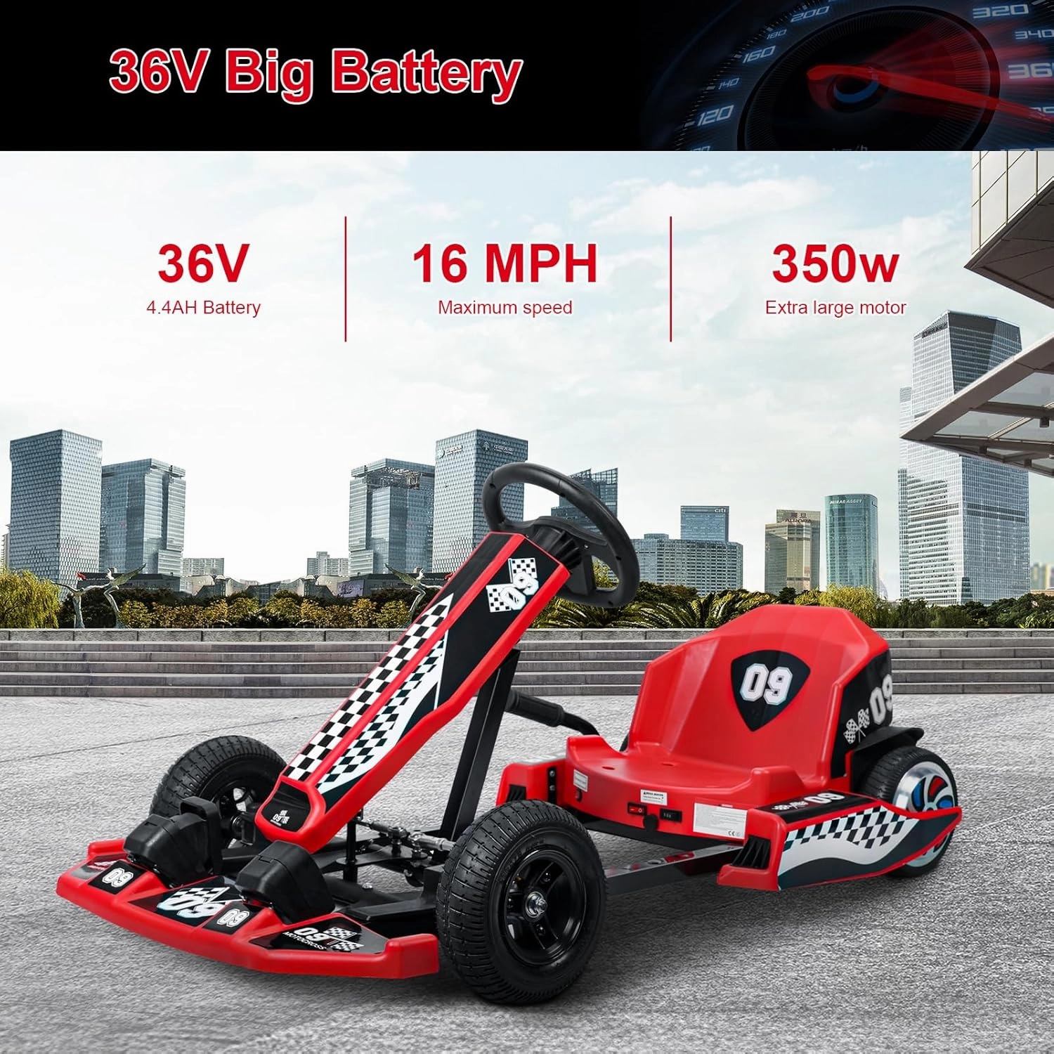 Walbest Electric Go-Kart Drift Kart, 16 MPH, Length Adjustable, Safe Drifting, Spacious Seat, 36V Rechargeable Battery, Red, For Kids 8-12 Years Old