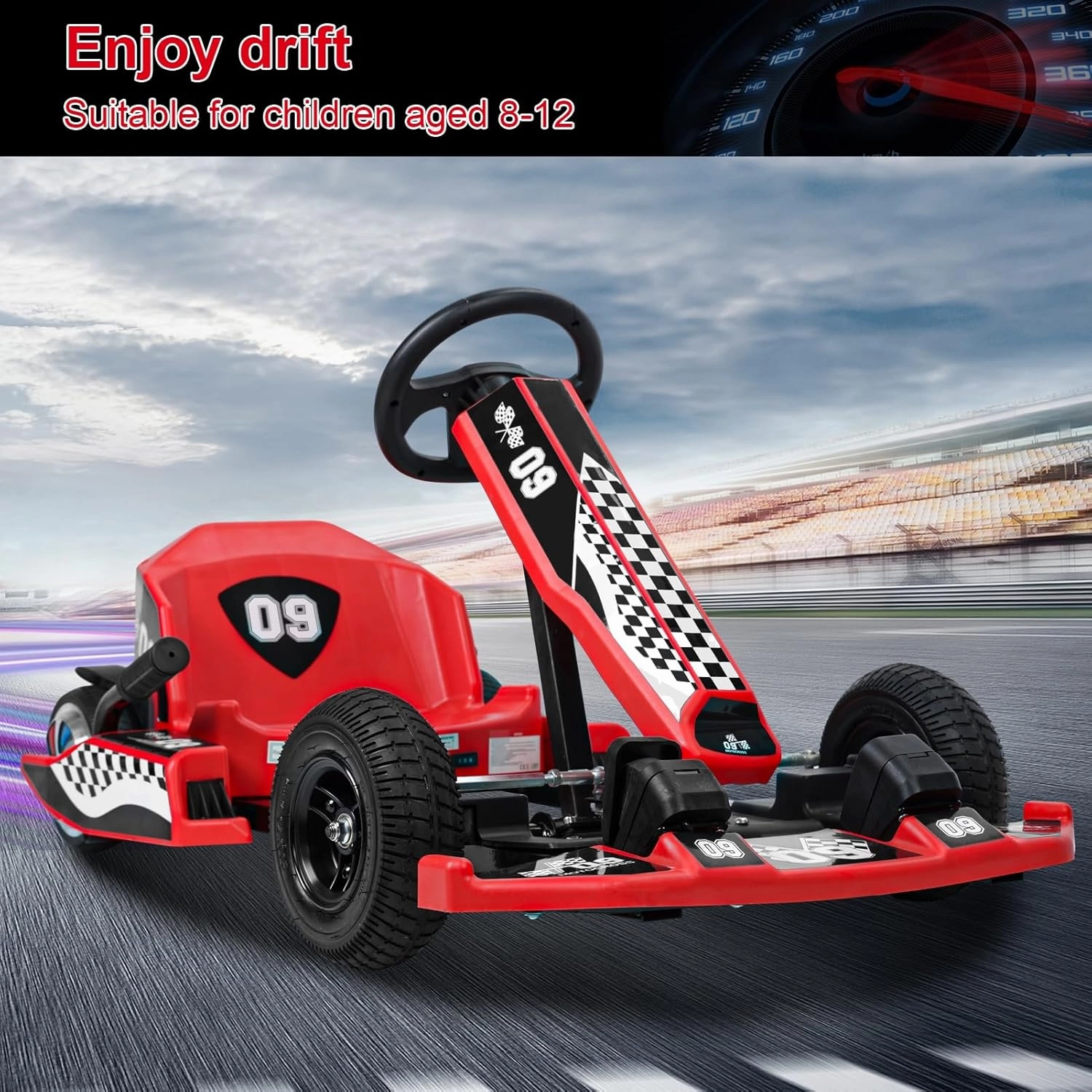 Walbest Electric Go-Kart Drift Kart, 16 MPH, Length Adjustable, Safe Drifting, Spacious Seat, 36V Rechargeable Battery, Red, For Kids 8-12 Years Old