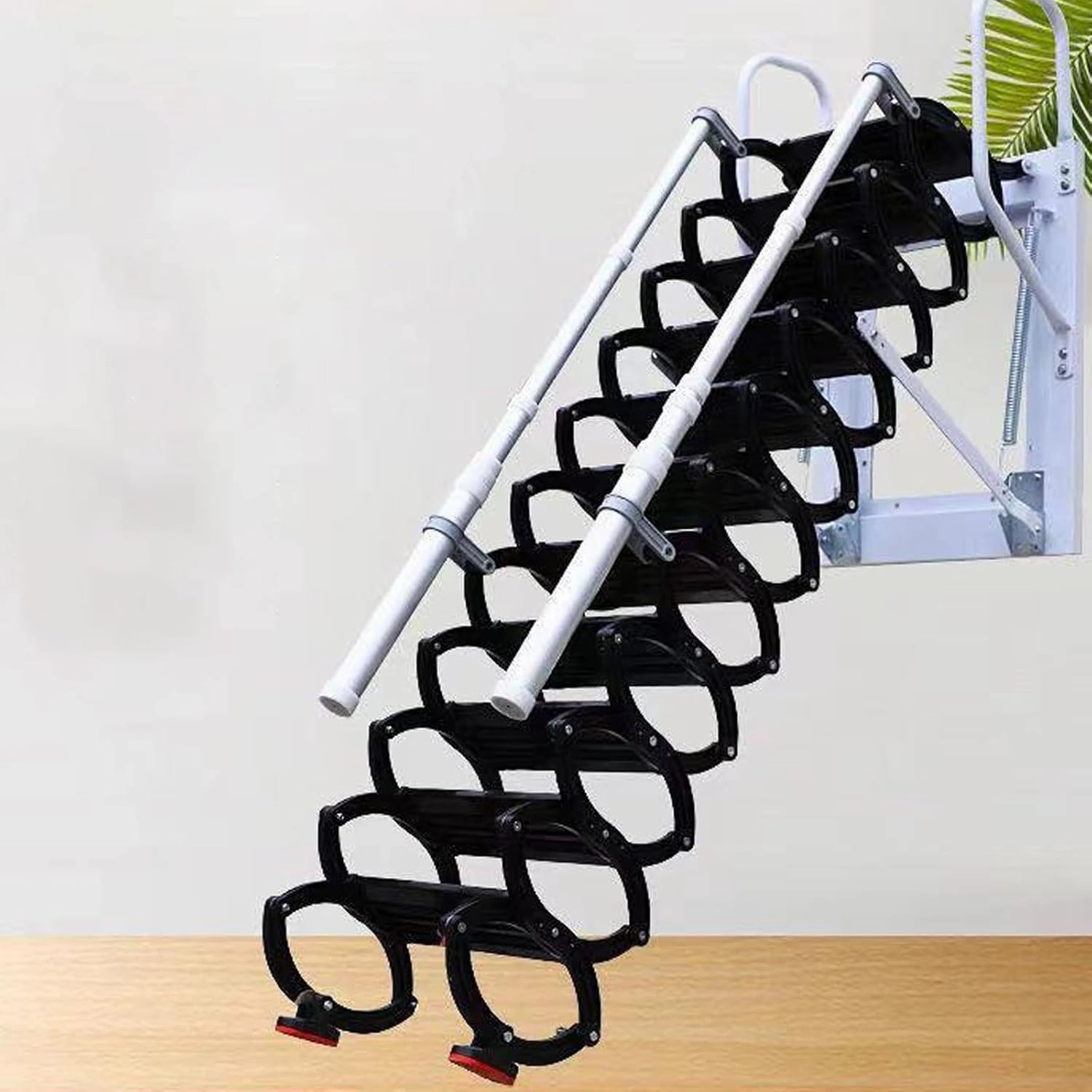 Wall-Mounted Folding Stairs, Folding Loft Staircase with Handrails,Telescoping Attic Ladder with Pull Down System, 12 Steps Attic Stairs, Home Indoor Outdoor Attic (Black, 12Steps)