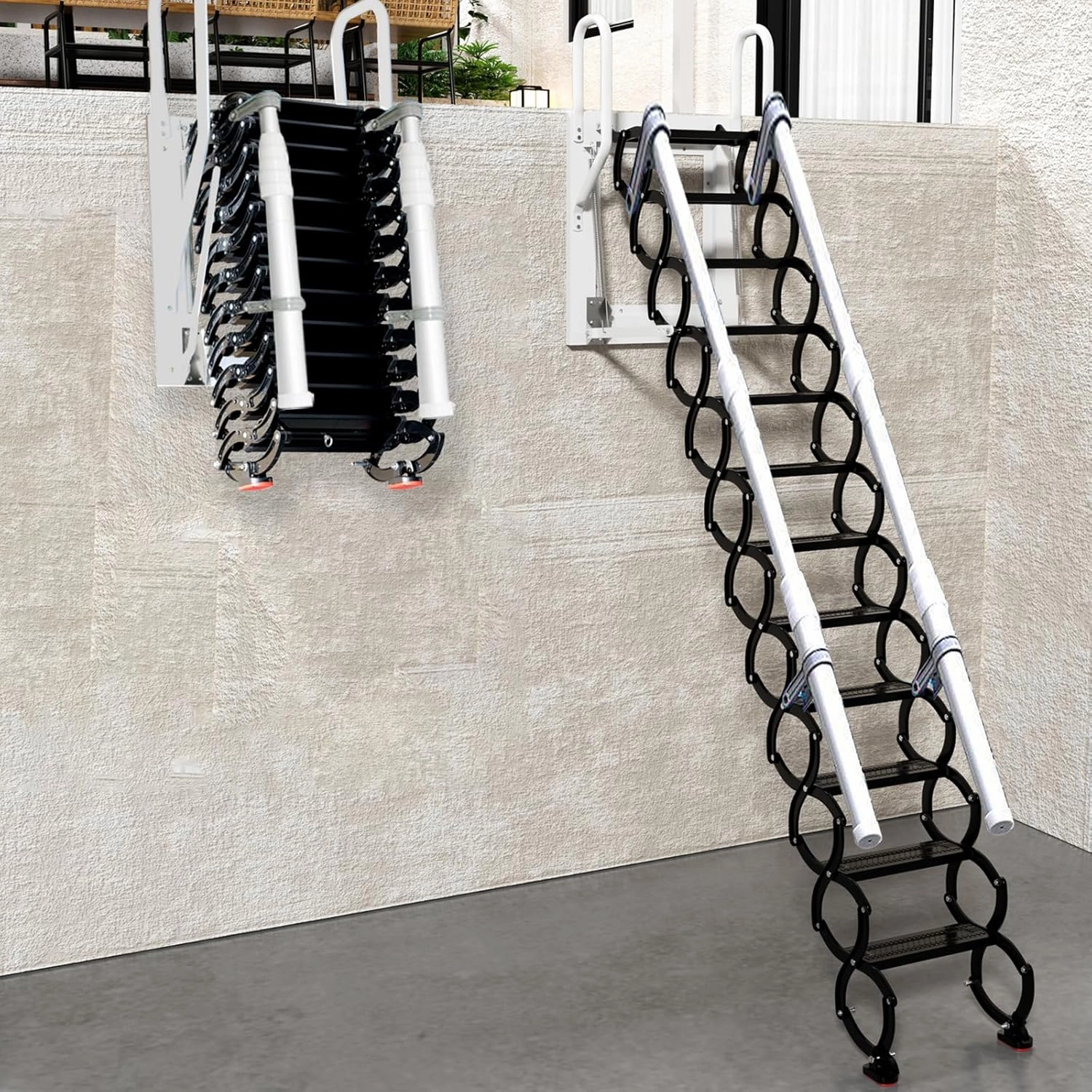 Wall-Mounted Folding Stairs, Folding Loft Staircase with Handrails,Telescoping Attic Ladder with Pull Down System, 12 Steps Attic Stairs, Home Indoor Outdoor Attic (Black, 12Steps)