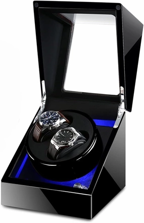 Watch Display Box Double Watch Winder Luxury Mechanical Watch Storage Case Wood Shell Piano Soft Flexible Watch Pillows Blue LED Light Fit Lady and Ma