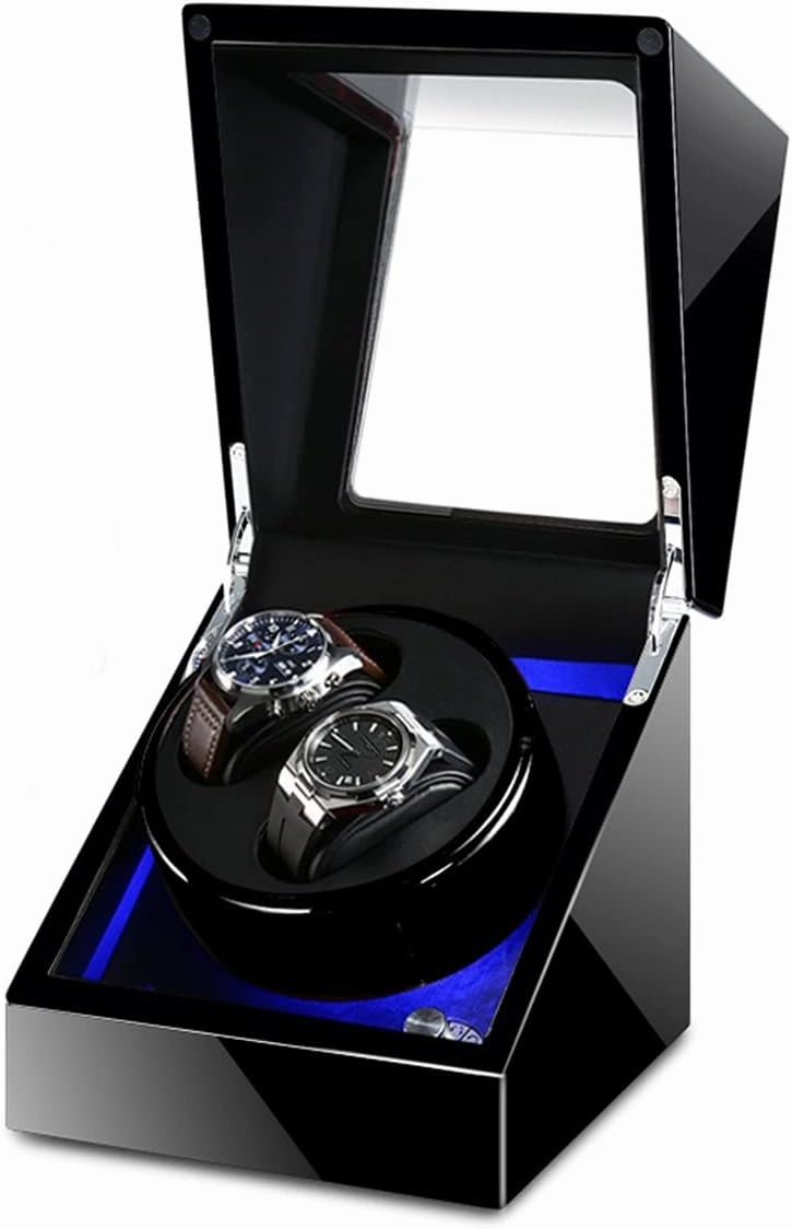 Watch Display Box Double Watch Winder Luxury Mechanical Watch Storage Case Wood Shell Piano Soft Flexible Watch Pillows Blue LED Light Fit Lady and Ma