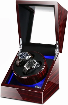 Watch Display Box Double Watch Winder Luxury Mechanical Watch Storage Case Wood Shell Piano Soft Flexible Watch Pillows Blue Led Light Fit Lady and Man Watche,Wood Grain a