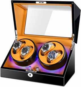 Watch Display Box High End Watch Winder for 4 Watches with Soft Flexible Watch Pillows Blue Led Light Open and Shut Down Featured Piano Paint Exterior