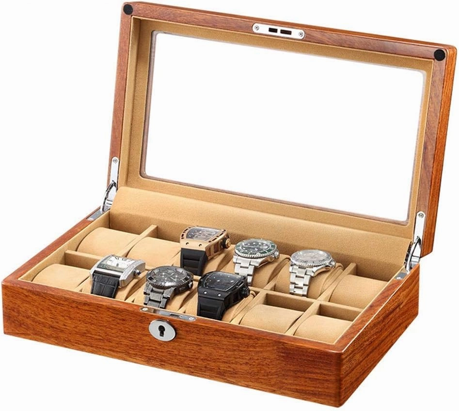 Watch Storage Box Rosewood Watch Boxes Watch Storage Box 6/12 Grids with Lock Compartments Transparent Window Jewellery Display Box Watch Display Storage Box