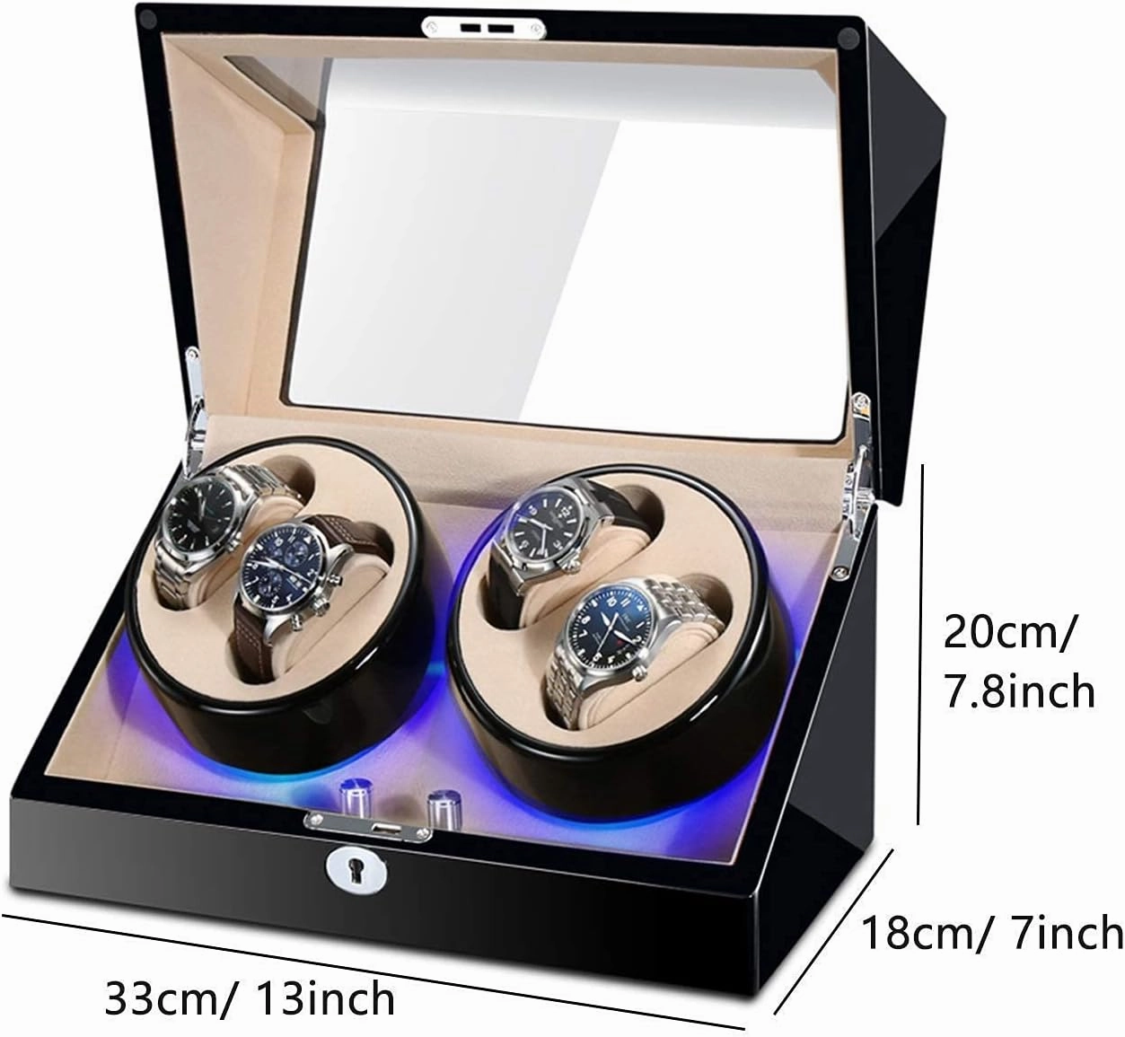 Watch Winder for 4 Automatic Watches Built-in LED Illumination Wood Shell Piano Paint Exterior Silent Motor Dual Power Supply (Red Brown)