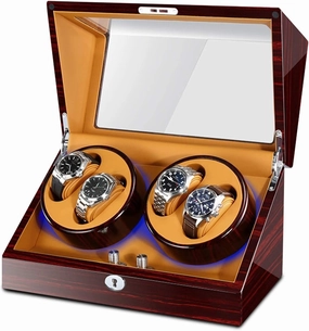Watch Winder for 4 Automatic Watches Built-in LED Illumination Wood Shell Piano Paint Exterior Silent Motor Dual Power Supply (Red Brown)