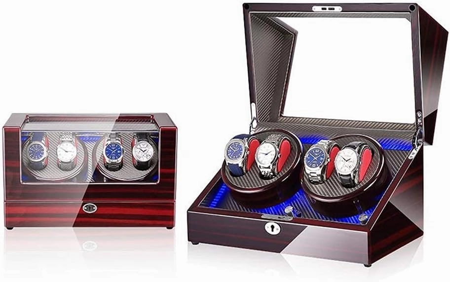 Watch Winder Watch Winder Box for 4 Automatic Watch Built-in LED Light Wood Shell Piano Paint Exterior AC Adapter and ed Watch Winder (D A)