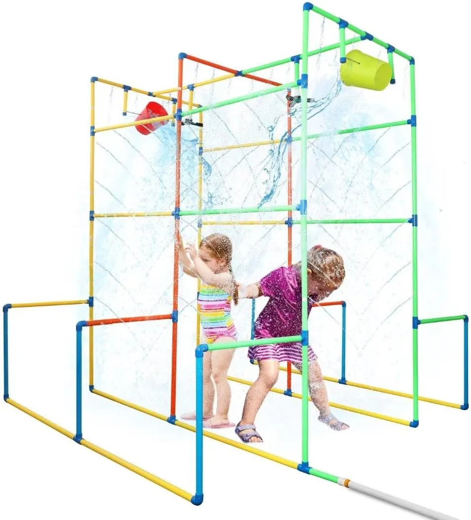 Water Park Sprinkler Toy, Backyard Waterpark with Dump Buckets & Rotating Splash Nozzle Colorful Water Toys Play Water Fun for Kids Outdoor
