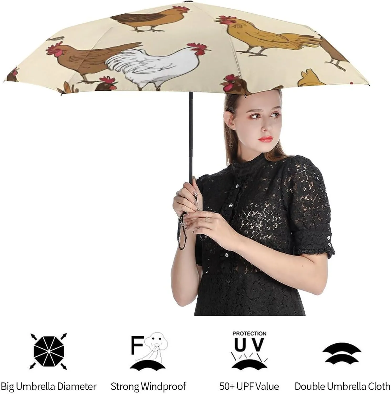 Water Repellent Travel Umbrella for Women Men Kids, Outdoor Umbrellas with Ergonomic Handle, Auto Open/Close, A Brood of Chickens Art Sun Protection Umbrellas