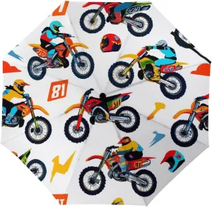 Water Repellent Travel Umbrella for Women Men Kids, Outdoor Umbrellas with Ergonomic Handle, Auto Open/Close, Vintage Motorcycle Racing Dirt Bike Sun Protection Umbrellas