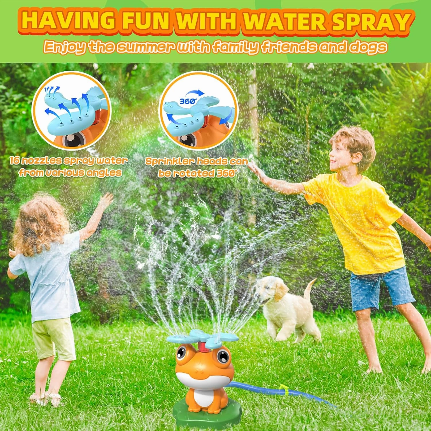 Water Sprinkler Baseball Toy for Kids Outdoor Play: Frog Water Game Toddlers Summer Toys for Backyard Garden Lawn with 2 Sprinkler Heads 360° Rotating Spray Water Baseball Ideal Gift for Boys Girls