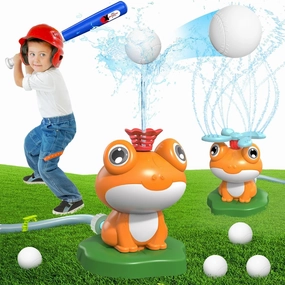 Water Sprinkler Baseball Toy for Kids Outdoor Play: Frog Water Game Toddlers Summer Toys for Backyard Garden Lawn with 2 Sprinkler Heads 360° Rotating Spray Water Baseball Ideal Gift for Boys Girls