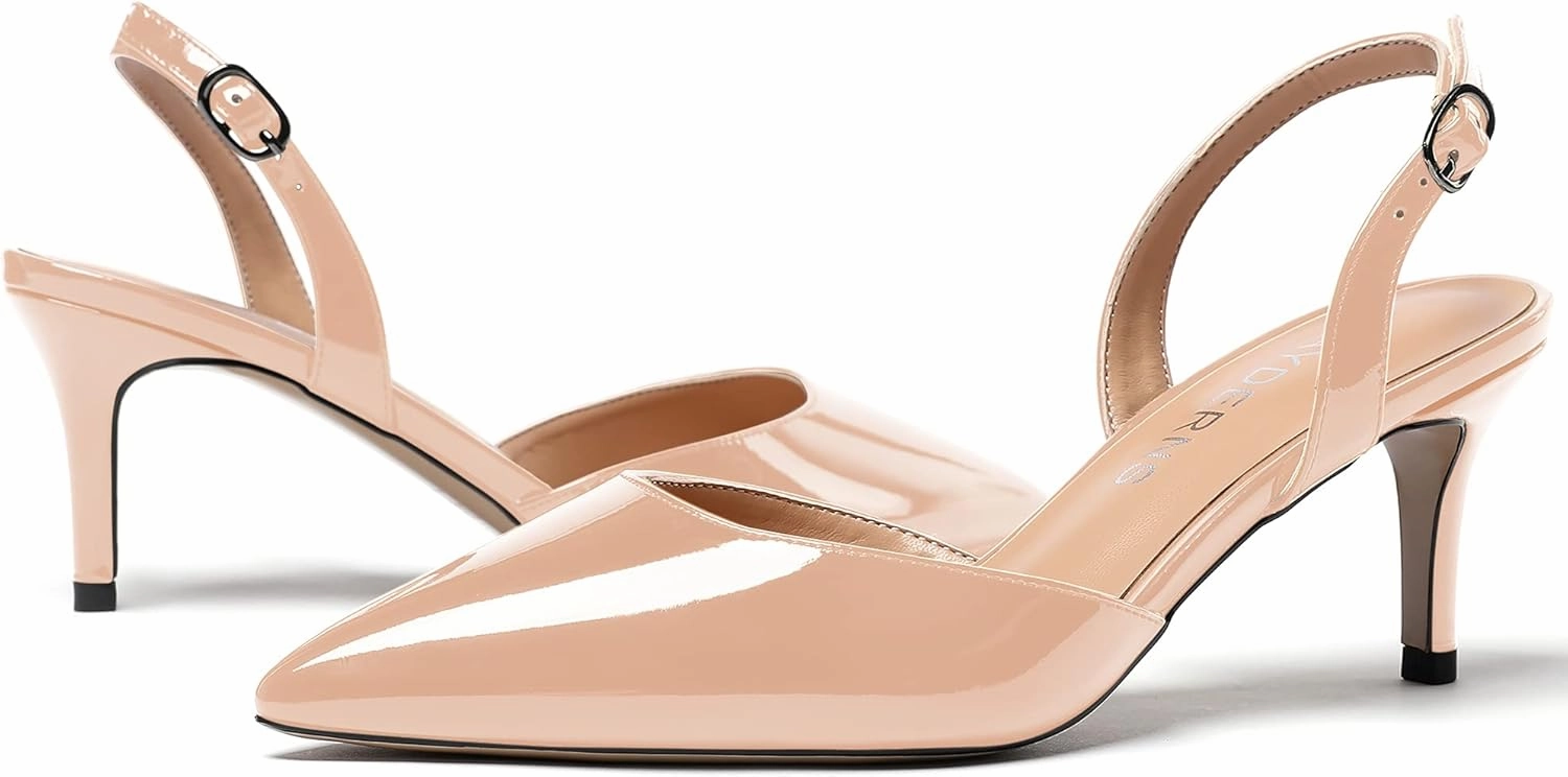 WAYDERNS Women's Patent Pointed Toe Solid Buckle Slingback Stiletto Mid Heel Pumps Shoes 2.5 Inch