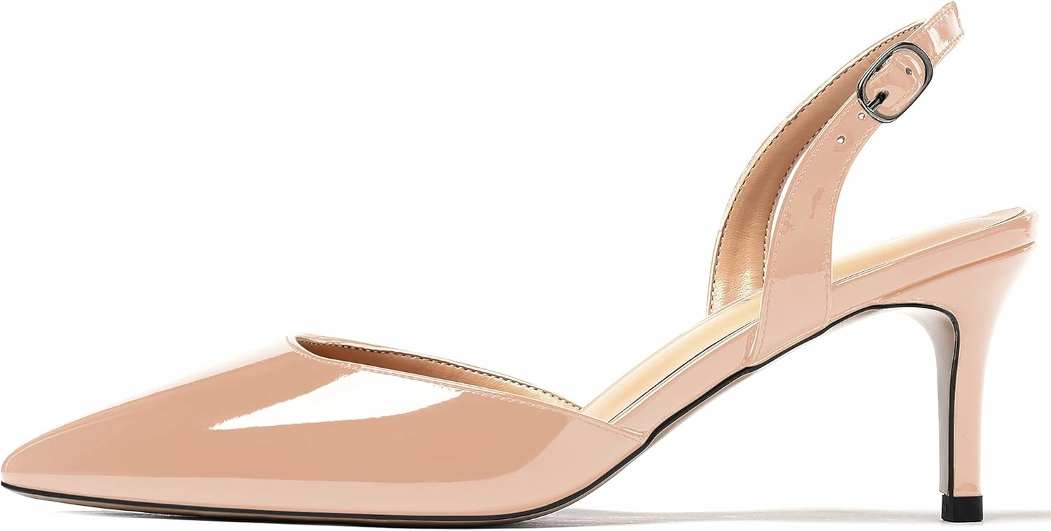 WAYDERNS Women's Patent Pointed Toe Solid Buckle Slingback Stiletto Mid Heel Pumps Shoes 2.5 Inch