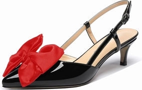 WAYDERNS Women's Satin Bow Decoration Pointed Toe Buckle Slingback Patent Kitten Low Heel Pumps Shoes 2 Inch