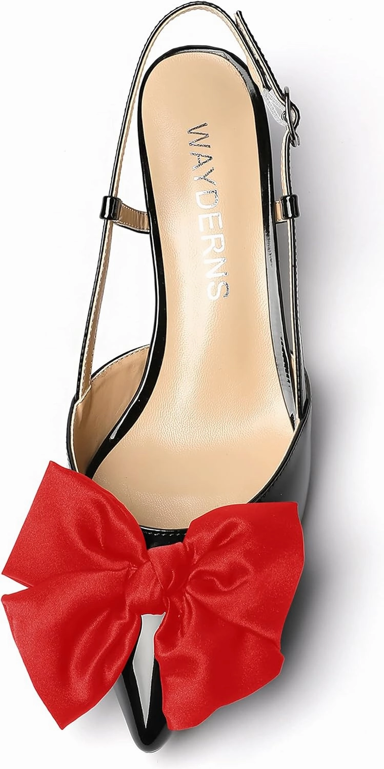 WAYDERNS Women's Satin Bow Decoration Pointed Toe Buckle Slingback Patent Kitten Low Heel Pumps Shoes 2 Inch
