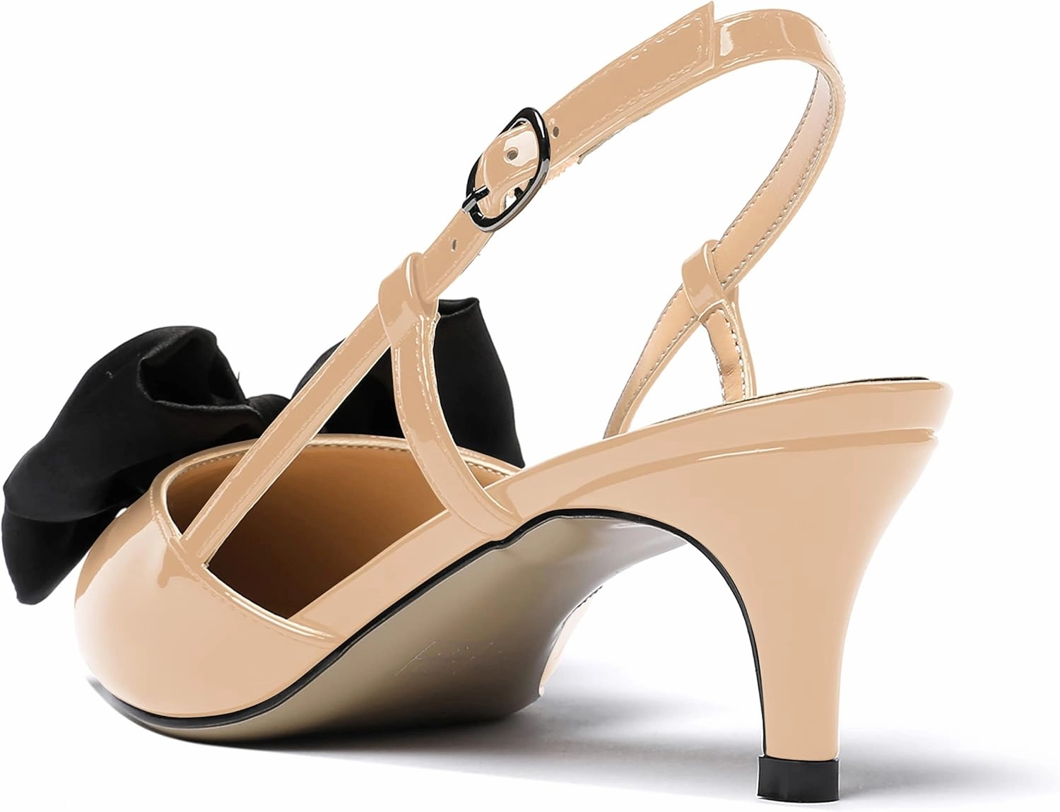 WAYDERNS Women's Satin Bow Decoration Pointed Toe Buckle Slingback Patent Kitten Low Heel Pumps Shoes 2 Inch