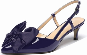 WAYDERNS Women's Satin Bow Decoration Pointed Toe Buckle Slingback Patent Kitten Low Heel Pumps Shoes 2 Inch