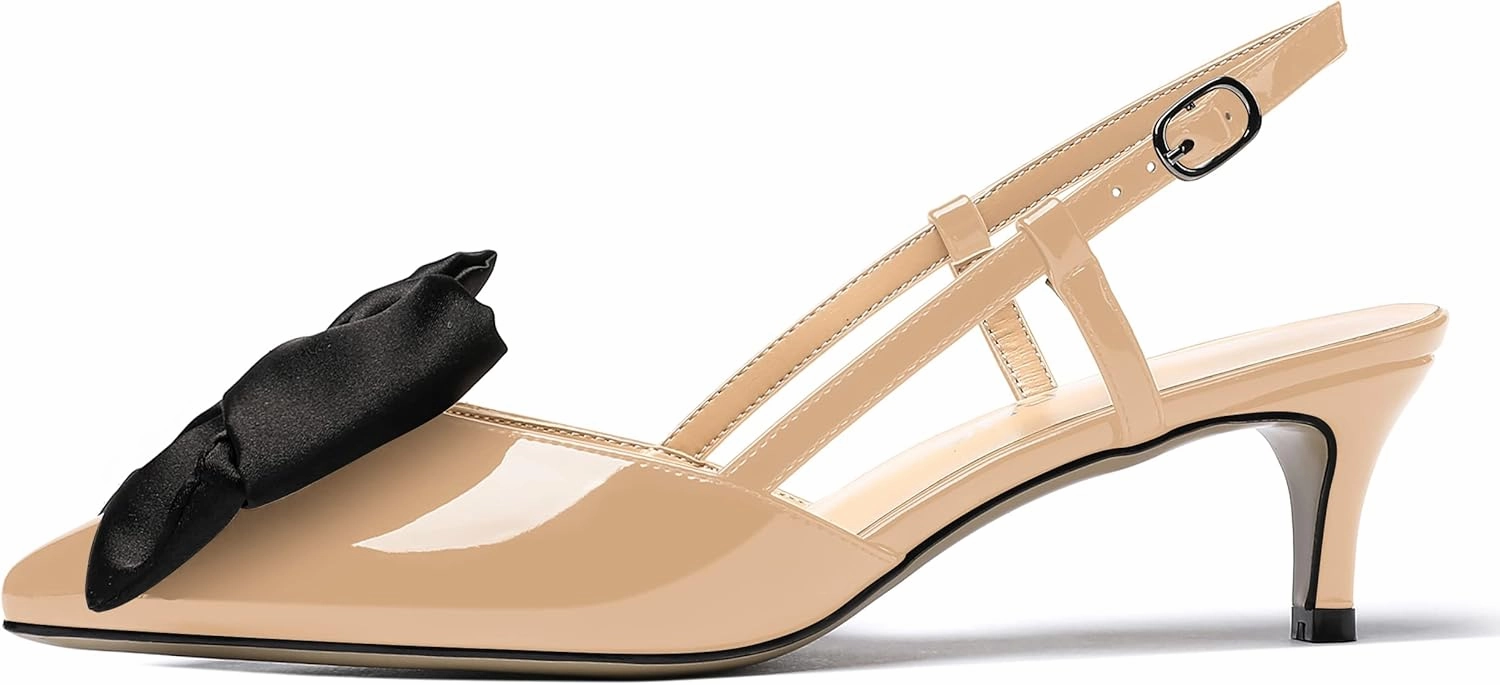 WAYDERNS Women's Satin Bow Decoration Pointed Toe Buckle Slingback Patent Kitten Low Heel Pumps Shoes 2 Inch