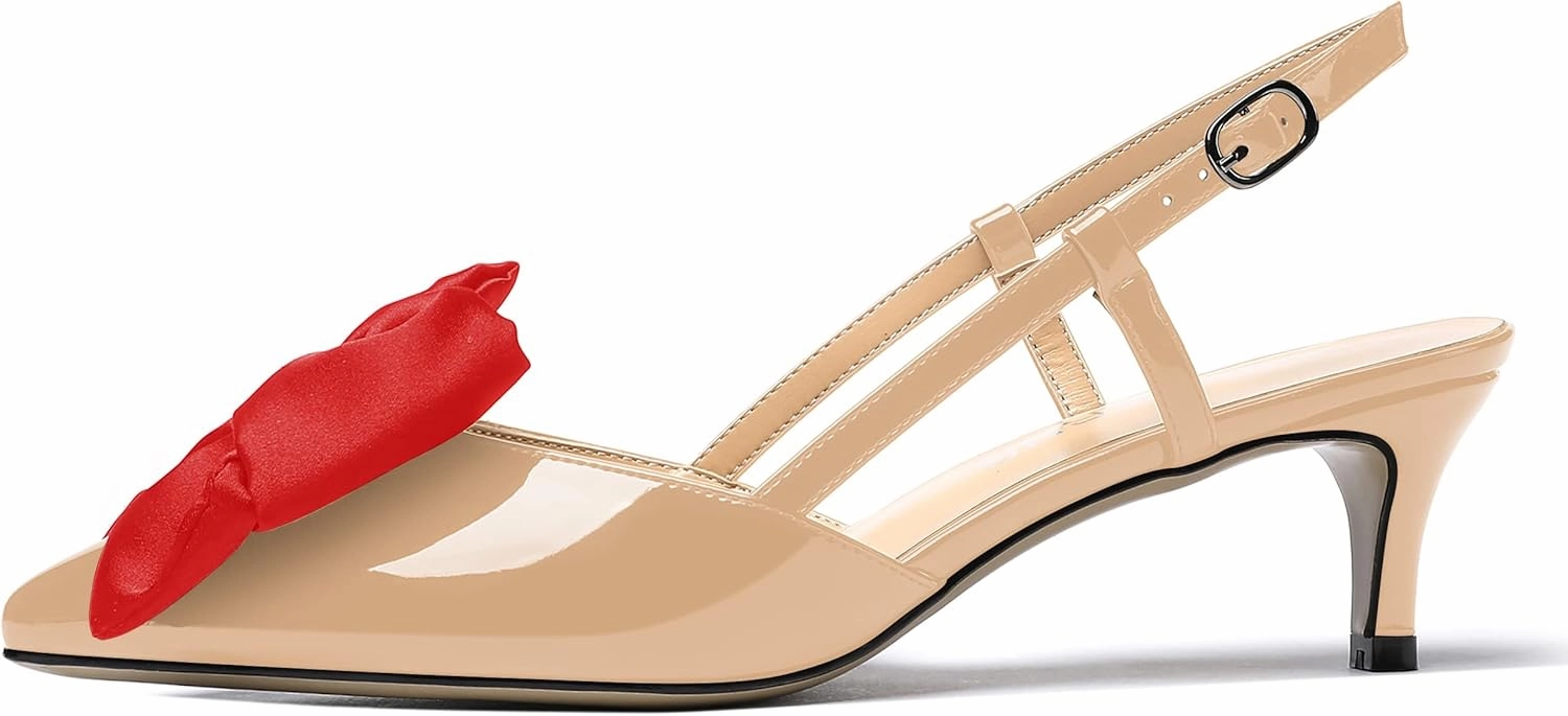 WAYDERNS Women's Satin Bow Decoration Pointed Toe Buckle Slingback Patent Kitten Low Heel Pumps Shoes 2 Inch