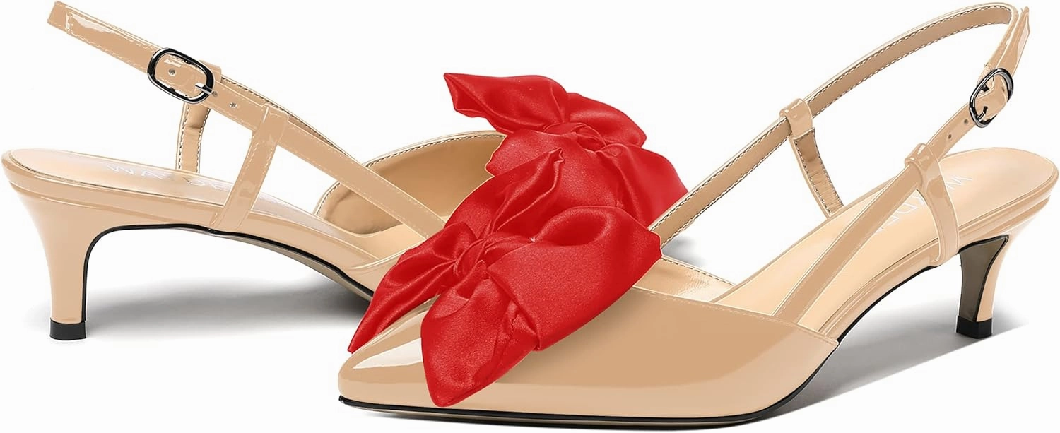 WAYDERNS Women's Satin Bow Decoration Pointed Toe Buckle Slingback Patent Kitten Low Heel Pumps Shoes 2 Inch