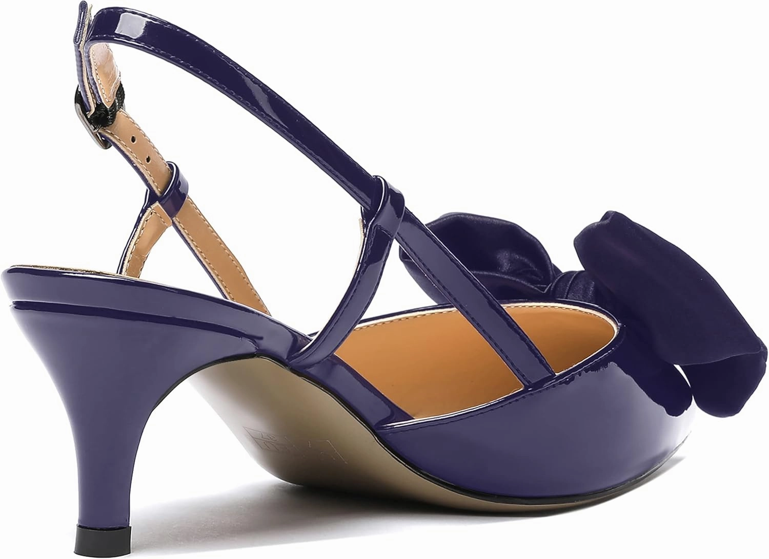 WAYDERNS Women's Satin Bow Decoration Pointed Toe Buckle Slingback Patent Kitten Low Heel Pumps Shoes 2 Inch