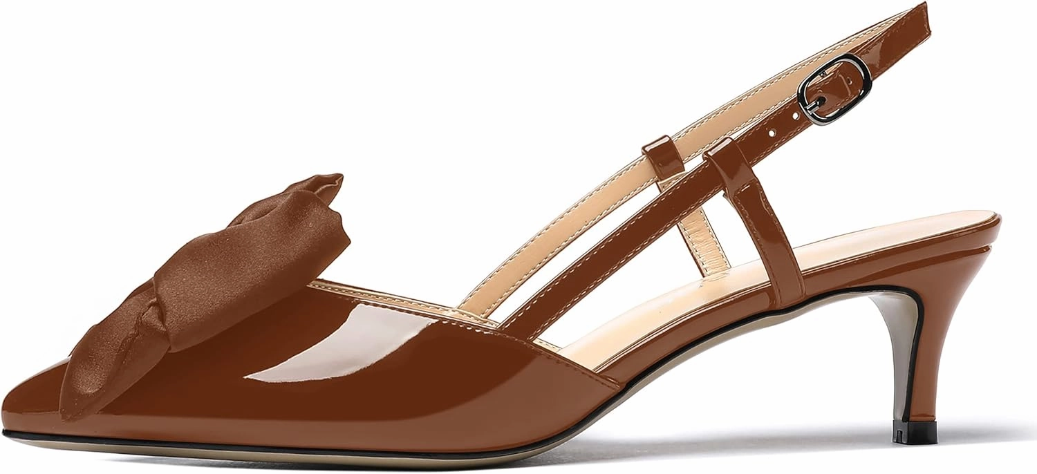 WAYDERNS Women's Satin Bow Decoration Pointed Toe Buckle Slingback Patent Kitten Low Heel Pumps Shoes 2 Inch