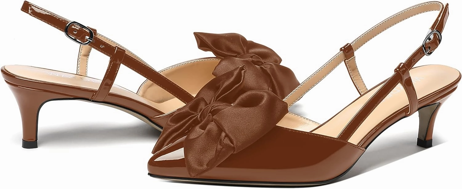 WAYDERNS Women's Satin Bow Decoration Pointed Toe Buckle Slingback Patent Kitten Low Heel Pumps Shoes 2 Inch