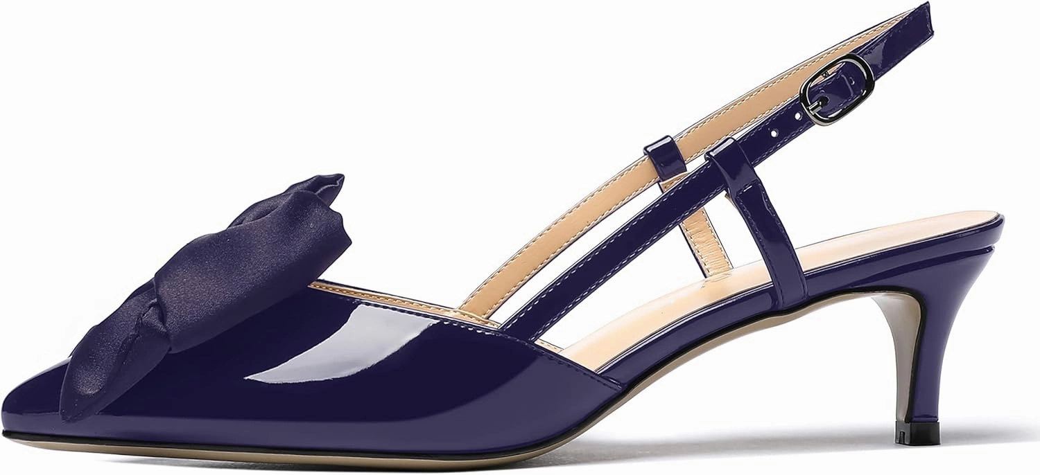 WAYDERNS Women's Satin Bow Decoration Pointed Toe Buckle Slingback Patent Kitten Low Heel Pumps Shoes 2 Inch