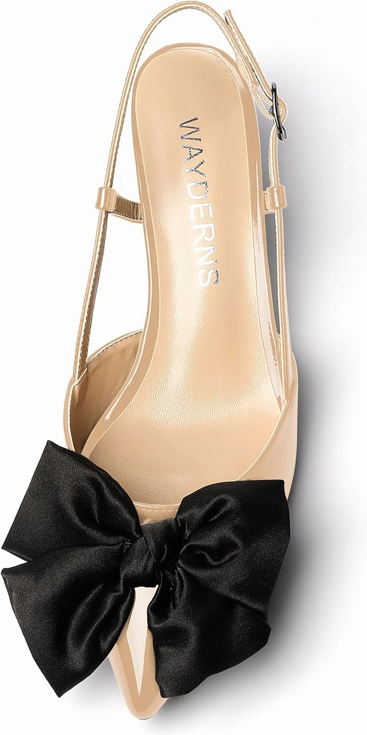 WAYDERNS Women's Satin Bow Decoration Pointed Toe Buckle Slingback Patent Kitten Low Heel Pumps Shoes 2 Inch