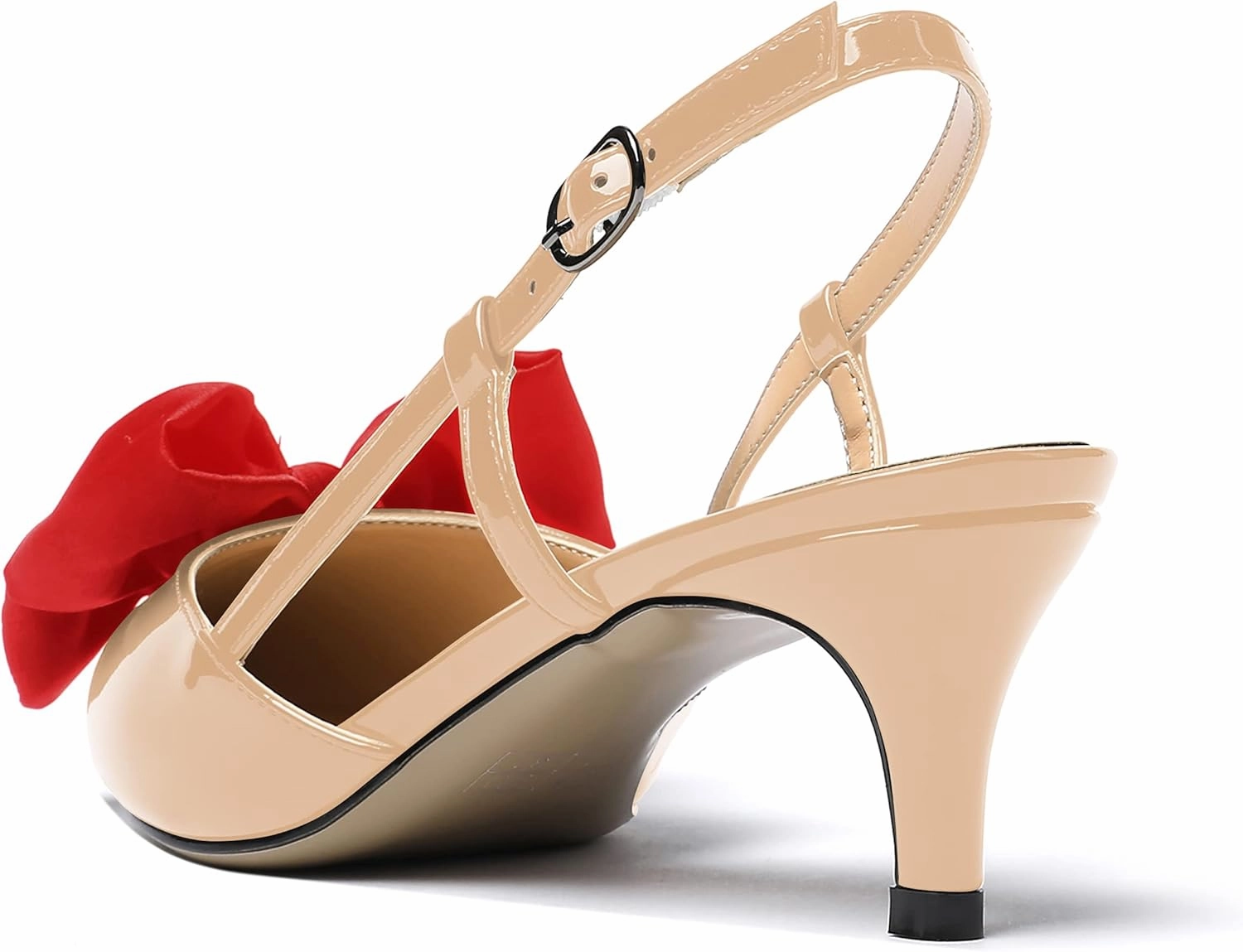 WAYDERNS Women's Satin Bow Decoration Pointed Toe Buckle Slingback Patent Kitten Low Heel Pumps Shoes 2 Inch