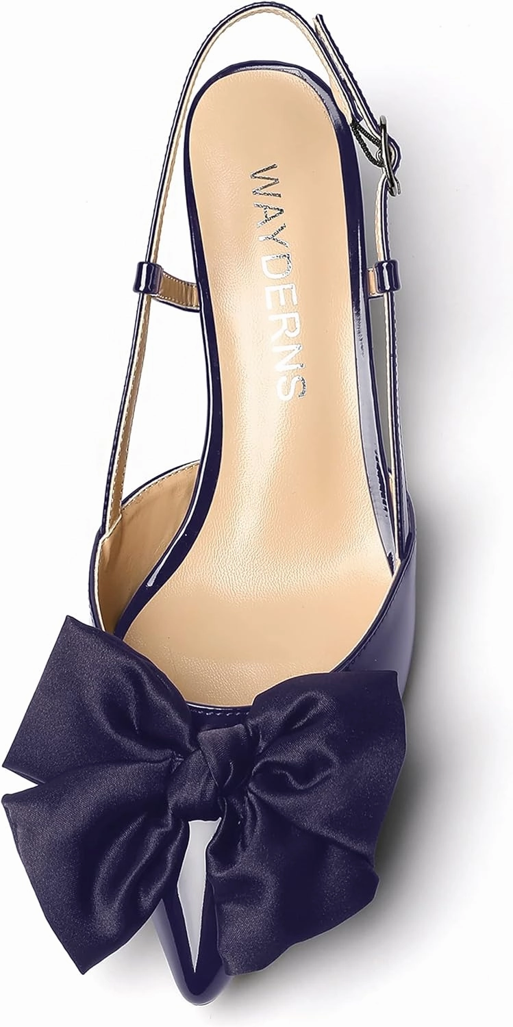 WAYDERNS Women's Satin Bow Decoration Pointed Toe Buckle Slingback Patent Kitten Low Heel Pumps Shoes 2 Inch